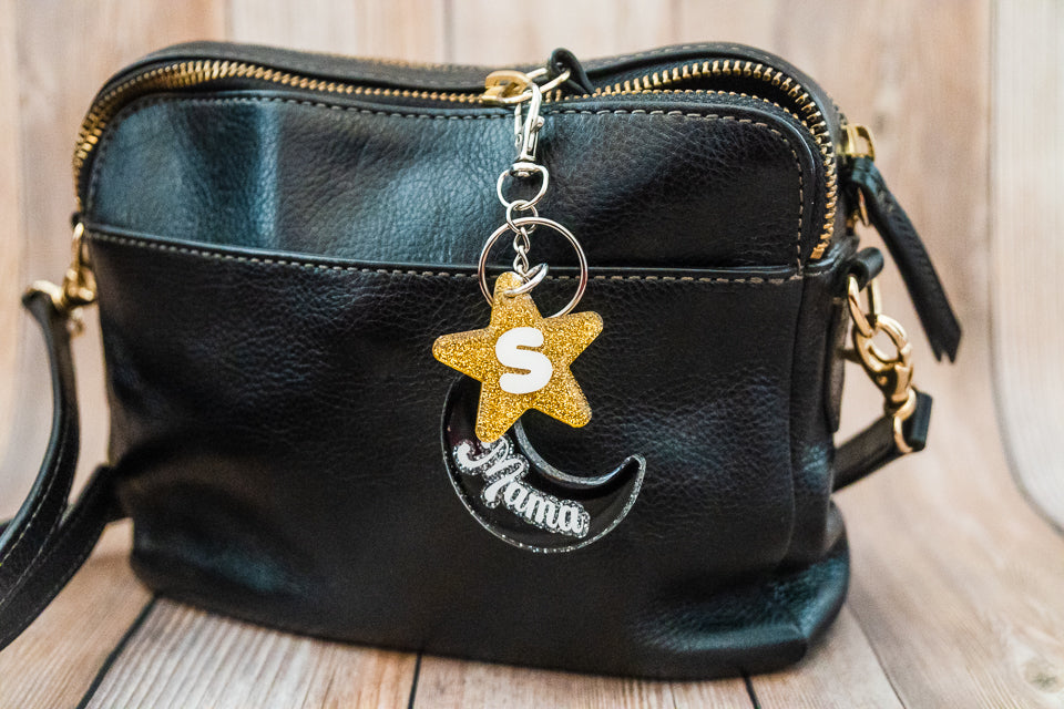 Personalized Moon and Stars Mom Keychain - Medium Glitter - Mother's Day Gift