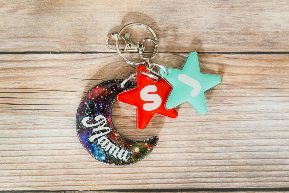 Personalized Moon and Stars Mom Keychain - Medium Glitter & Solids - Mother's Day Gift