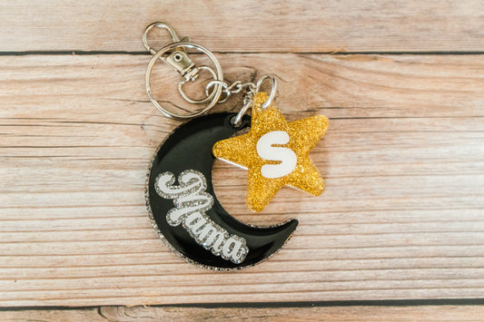 Personalized Moon and Stars Mom Keychain - Medium Glitter - Mother's Day Gift