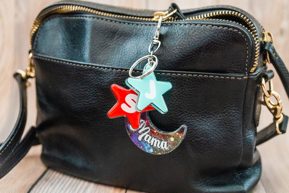 Personalized Moon and Stars Mom Keychain - Medium Glitter & Solids - Mother's Day Gift