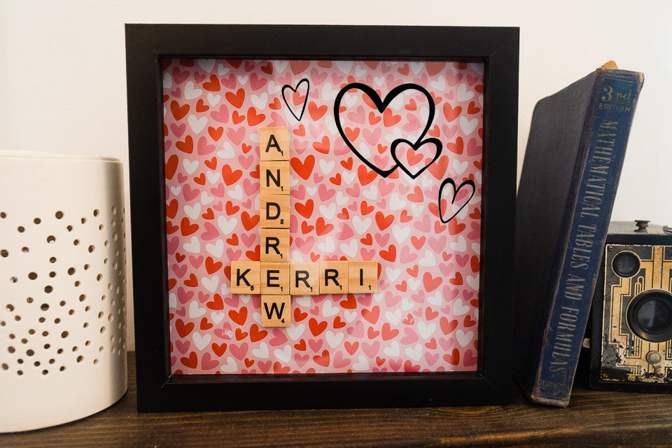 Personalized Scrabble Tile Name Hearts Frame Display Decor - Black Frame