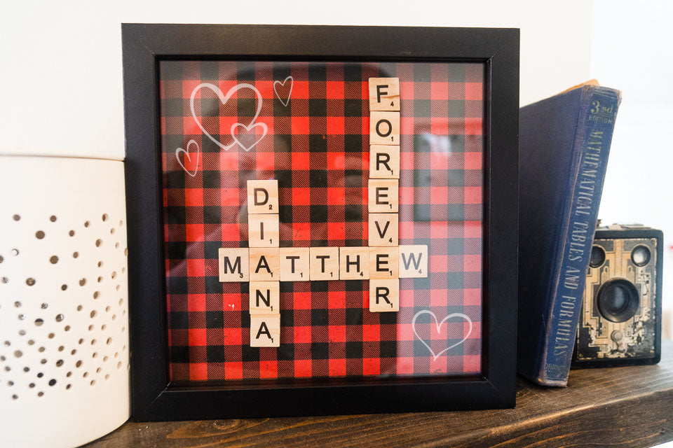 Personalized Scrabble Tile Name Hearts Frame Display Decor - Black Frame