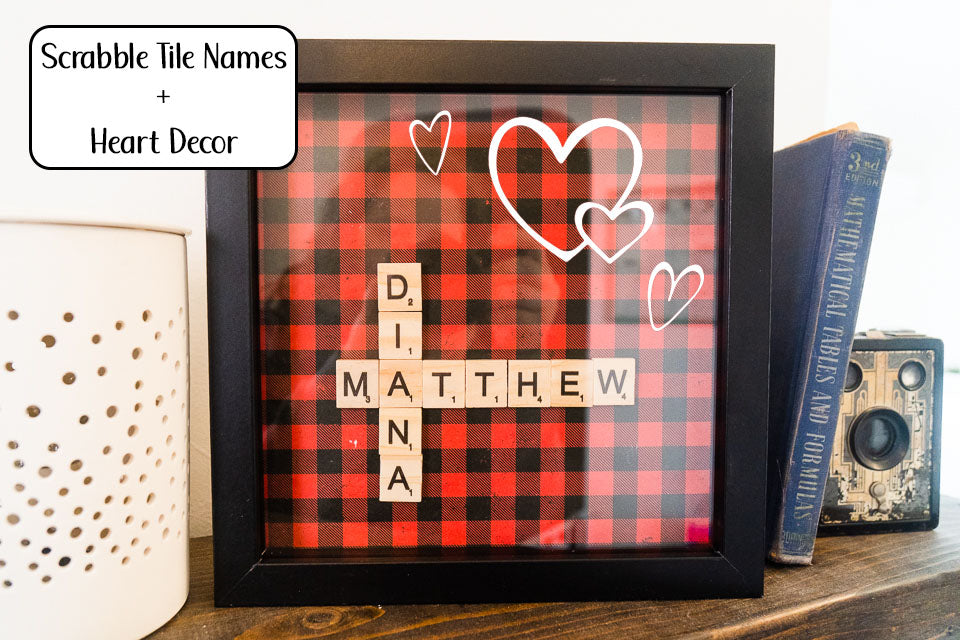 Personalized Scrabble Tile Name Hearts Frame Display Decor - Black Frame