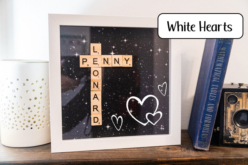 Personalized Scrabble Tile Name Hearts Frame Display Decor - White Frame