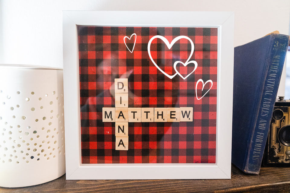 Personalized Scrabble Tile Name Hearts Frame Display Decor - White Frame