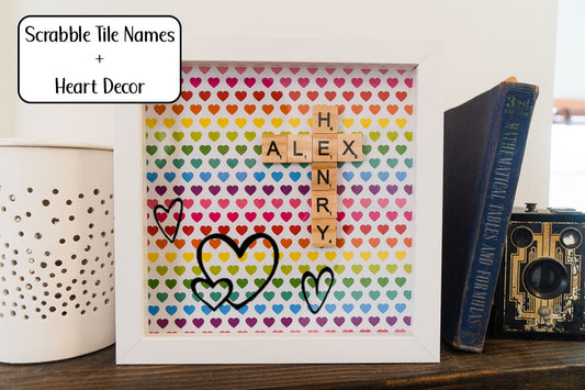 Personalized Scrabble Tile Name Hearts Frame Display Decor - White Frame